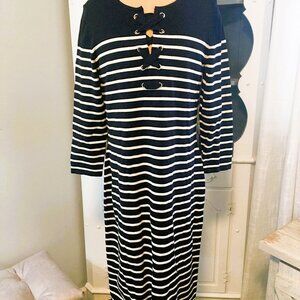 Talbots Shift Dress M Navy Blue & White Striped Knit w/ lace-up neckline